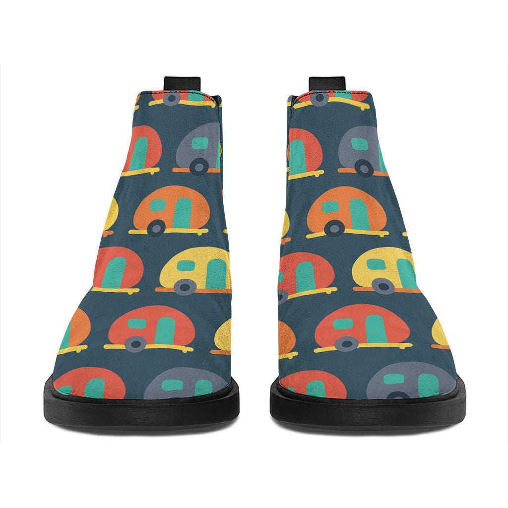 Camping Van Pattern Print Flat Ankle Boots