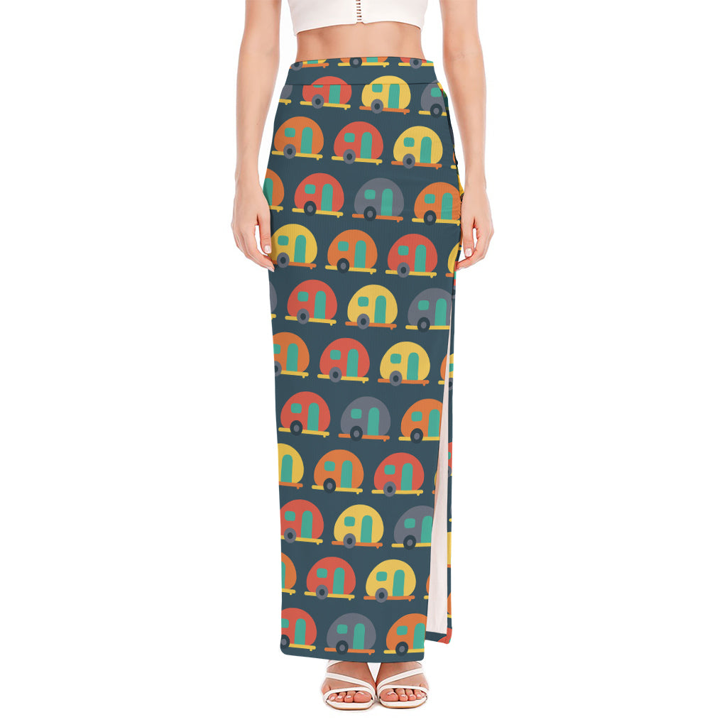 Camping Van Pattern Print High Slit Maxi Skirt