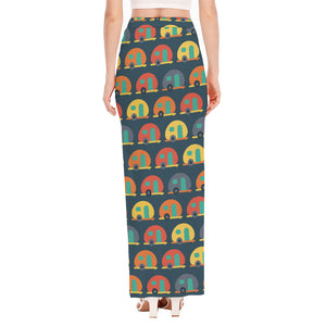 Camping Van Pattern Print High Slit Maxi Skirt