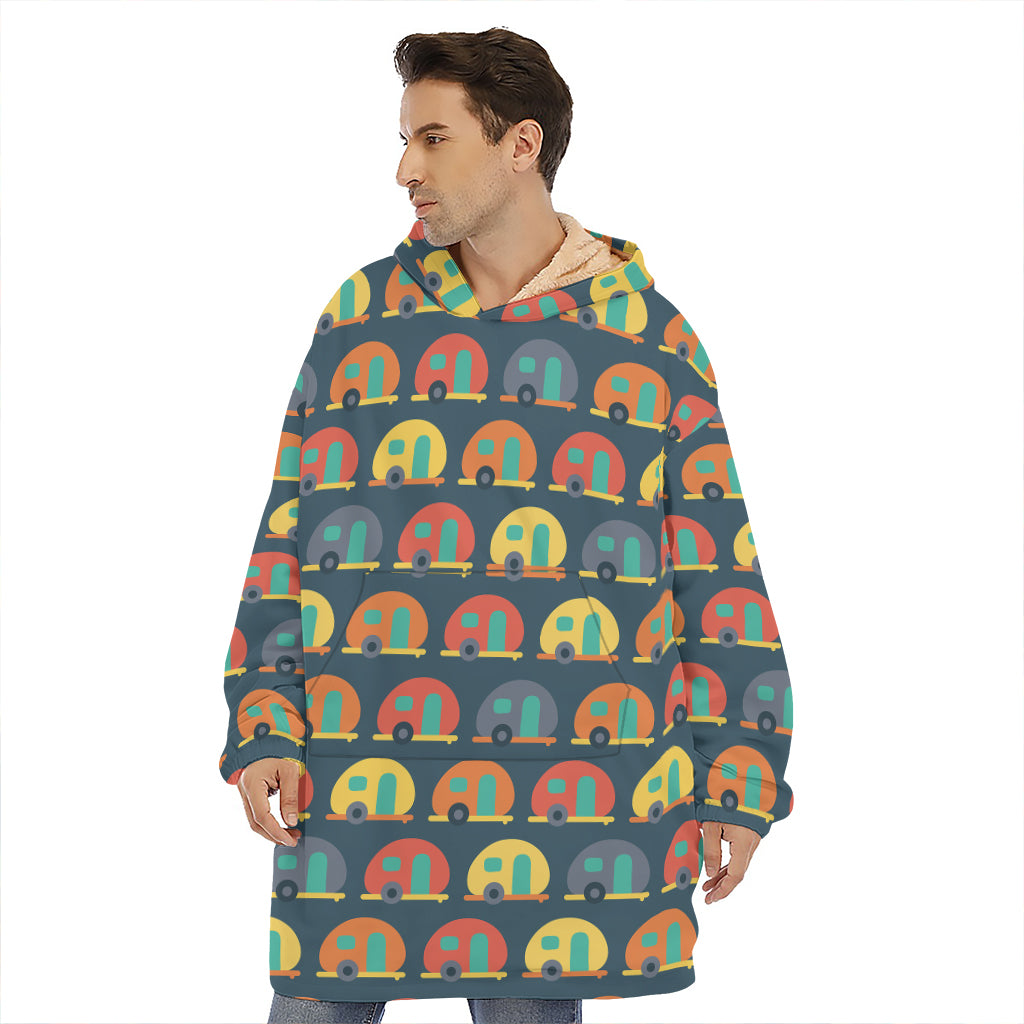 Camping Van Pattern Print Hoodie Blanket