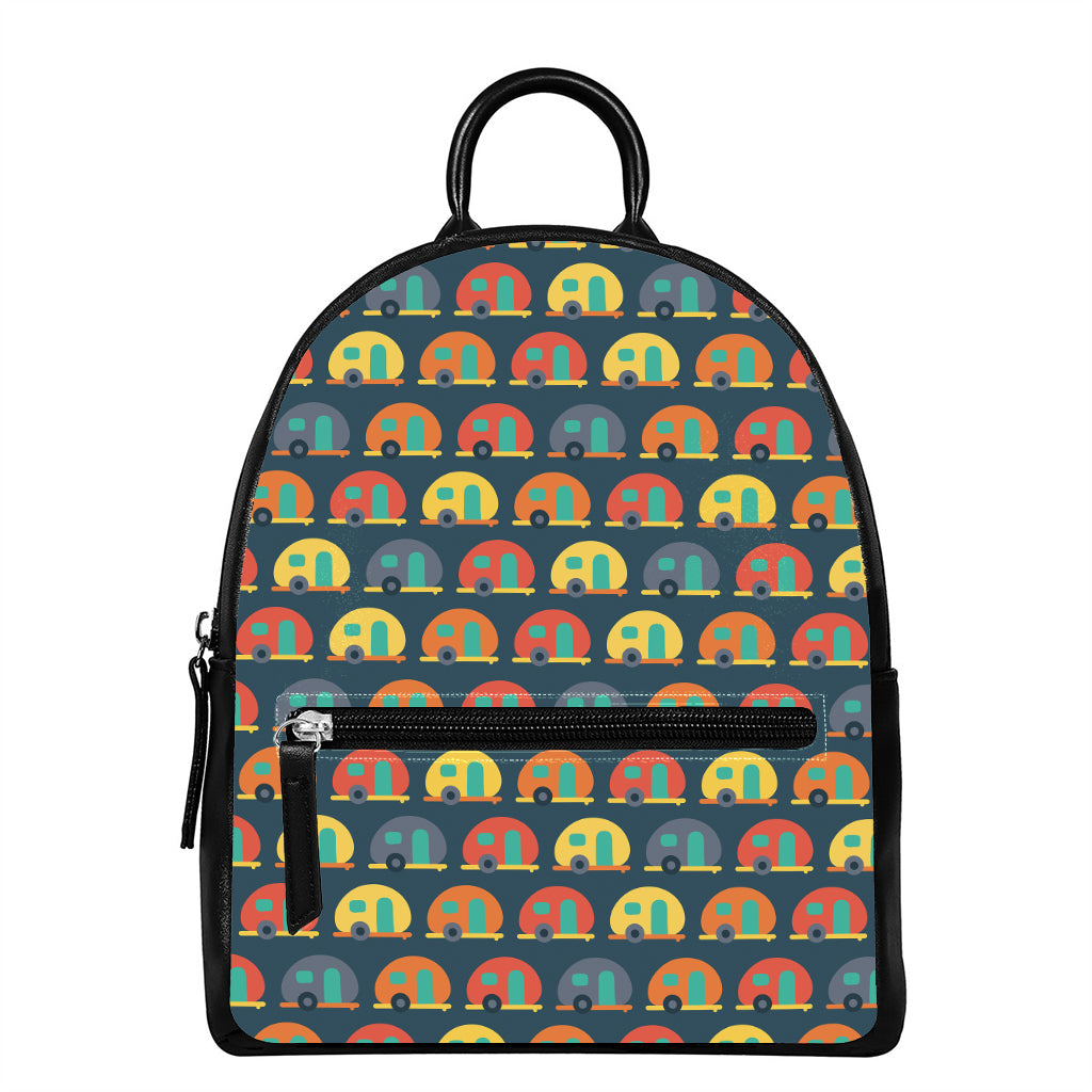 Camping Van Pattern Print Leather Backpack