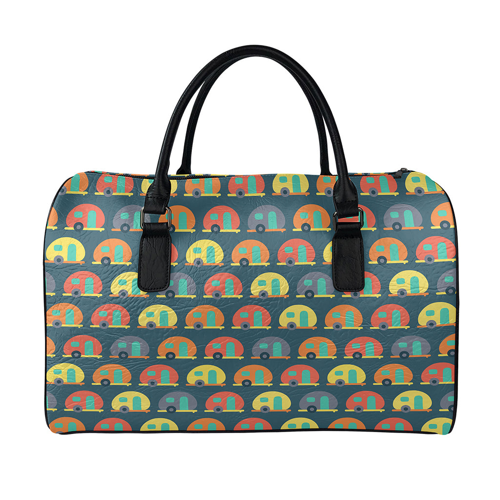 Camping Van Pattern Print Leather Duffle Bag