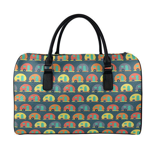 Camping Van Pattern Print Leather Duffle Bag
