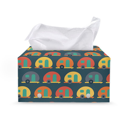 Camping Van Pattern Print Leather Tissue Box Cover