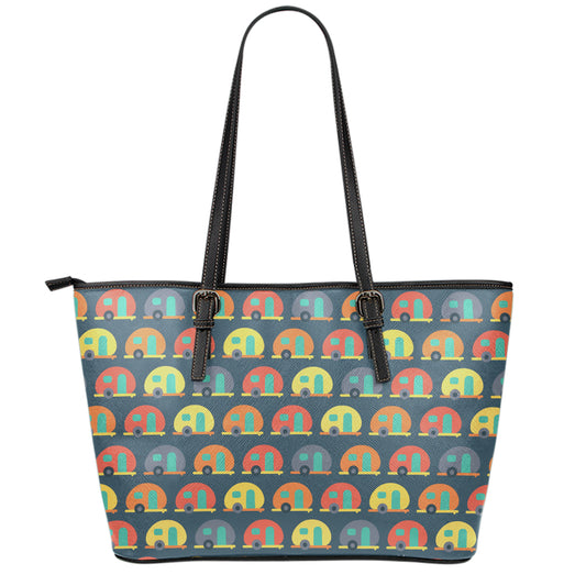 Camping Van Pattern Print Leather Tote Bag