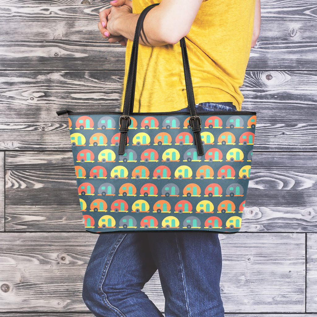 Camping Van Pattern Print Leather Tote Bag