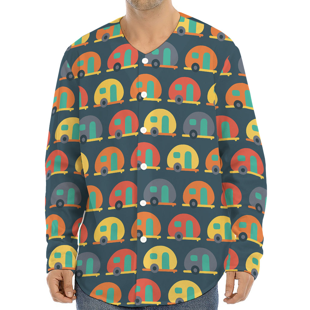 Camping Van Pattern Print Long Sleeve Baseball Jersey