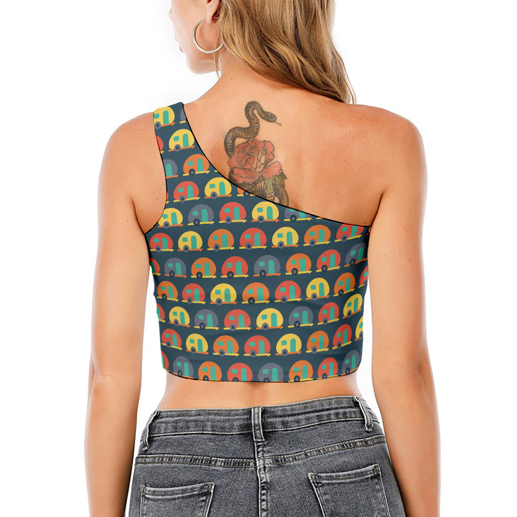 Camping Van Pattern Print One Shoulder Crop Top