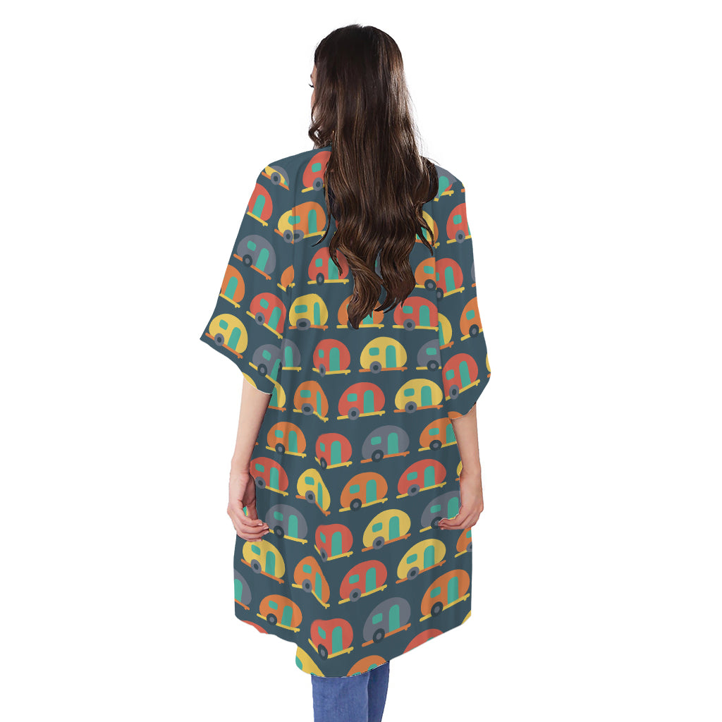 Camping Van Pattern Print Open Front Beach Cover Up