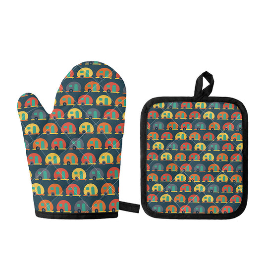 Camping Van Pattern Print Oven Mitt And Pot Holder Set