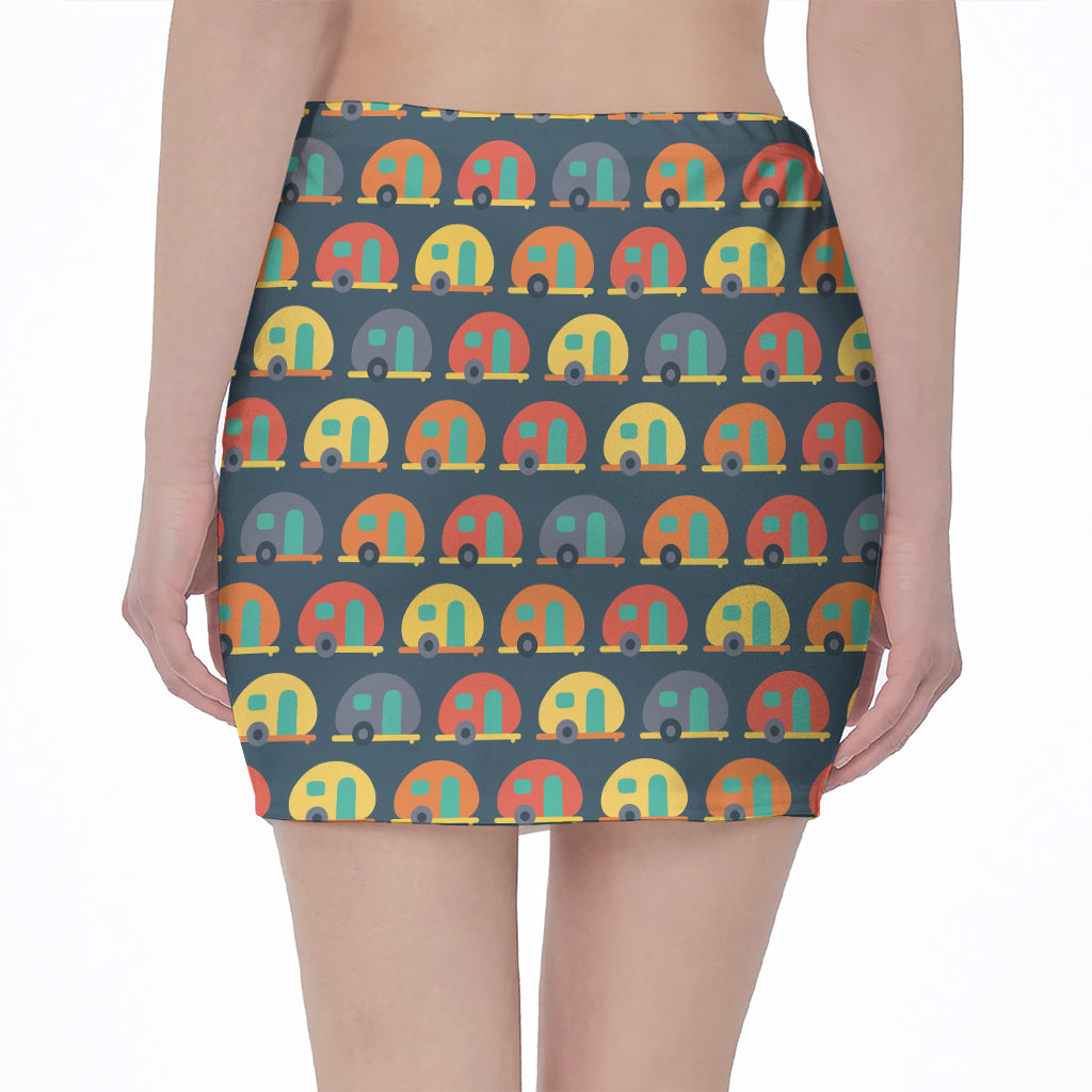 Camping Van Pattern Print Pencil Mini Skirt