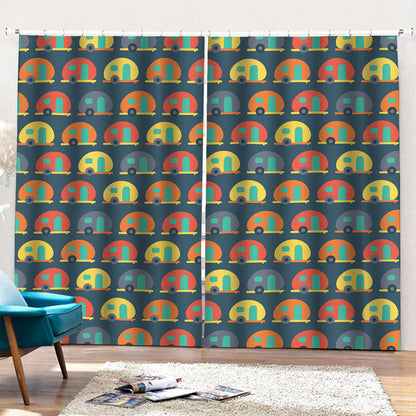 Camping Van Pattern Print Pencil Pleat Curtains