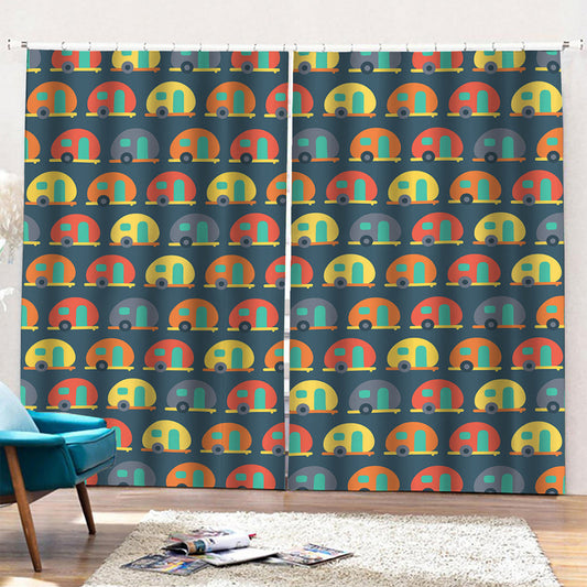 Camping Van Pattern Print Pencil Pleat Curtains