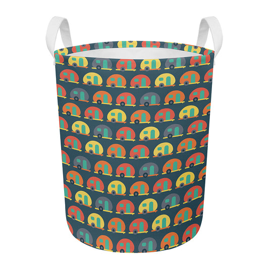 Camping Van Pattern Print Round Laundry Basket