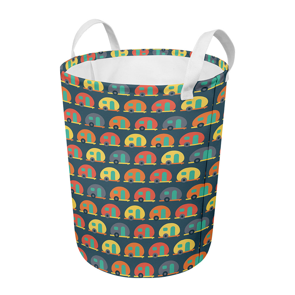Camping Van Pattern Print Round Laundry Basket