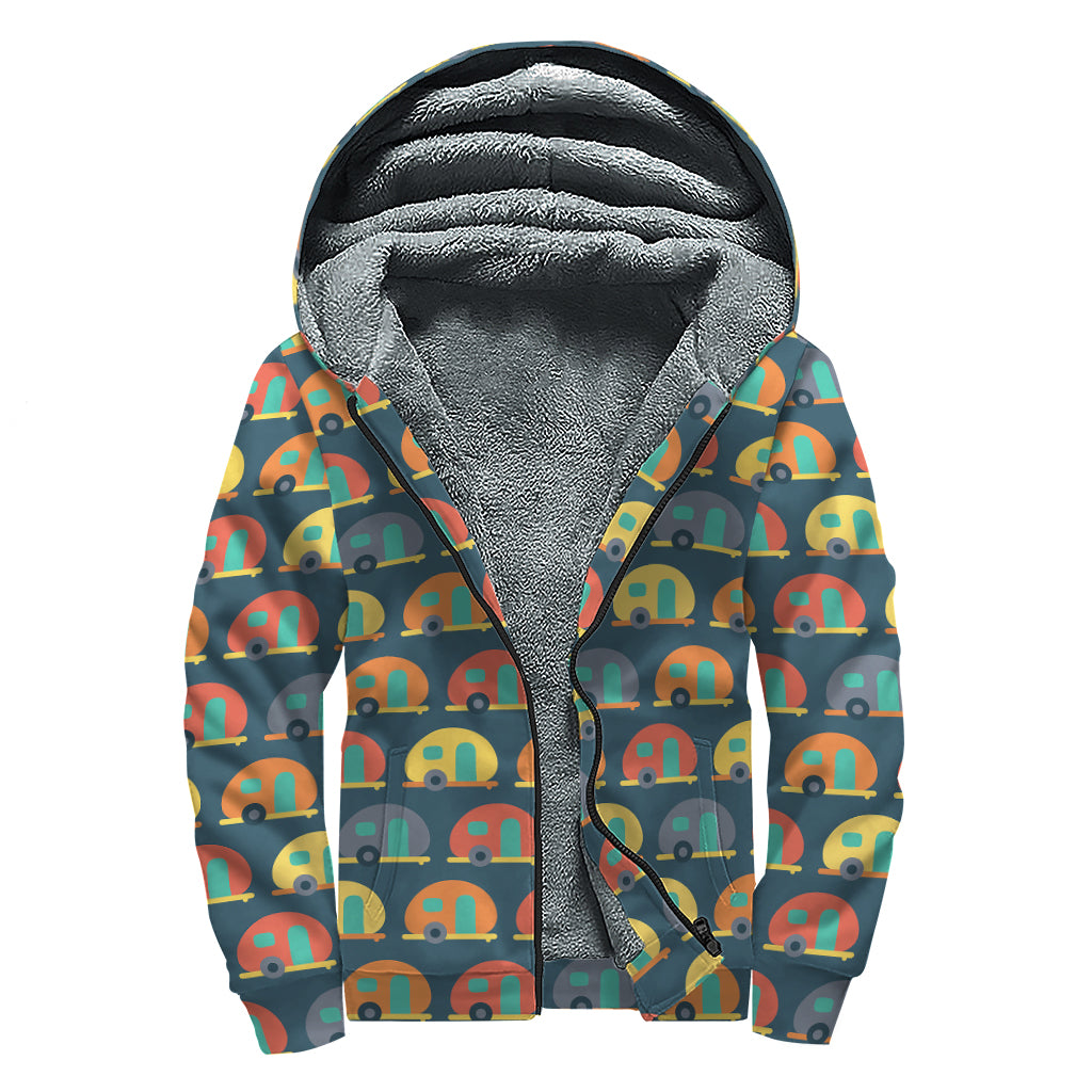 Camping Van Pattern Print Sherpa Lined Zip Up Hoodie