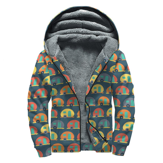 Camping Van Pattern Print Sherpa Lined Zip Up Hoodie