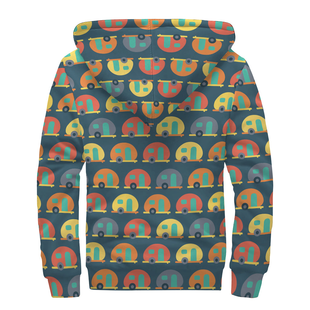 Camping Van Pattern Print Sherpa Lined Zip Up Hoodie