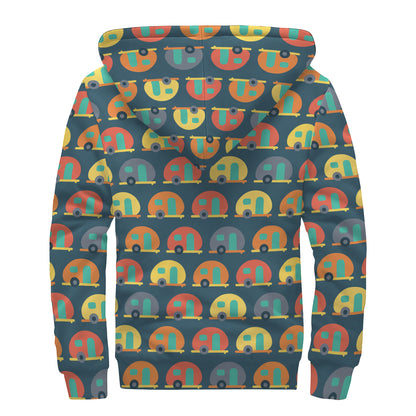 Camping Van Pattern Print Sherpa Lined Zip Up Hoodie