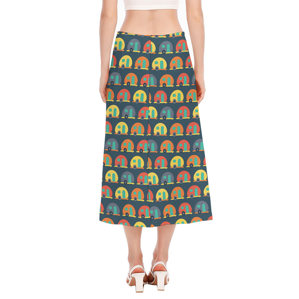 Camping Van Pattern Print Side Slit Midi Skirt