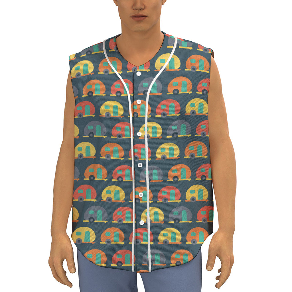 Camping Van Pattern Print Sleeveless Baseball Jersey