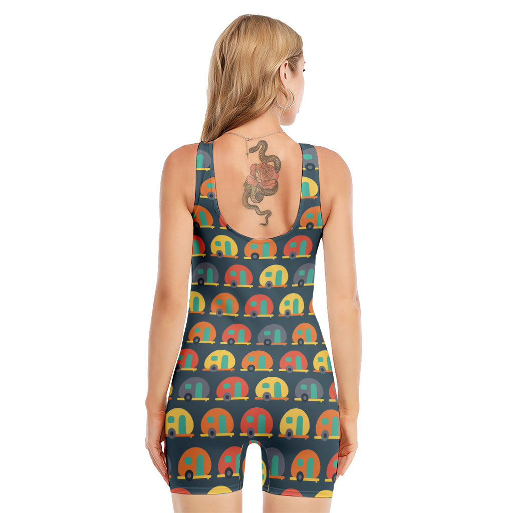 Camping Van Pattern Print Sleeveless One Piece Swimsuit