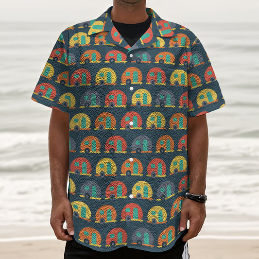 Camping Van Pattern Print Textured Short Sleeve Shirt