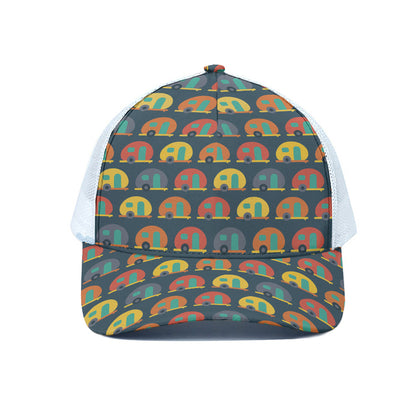 Camping Van Pattern Print White Mesh Trucker Cap