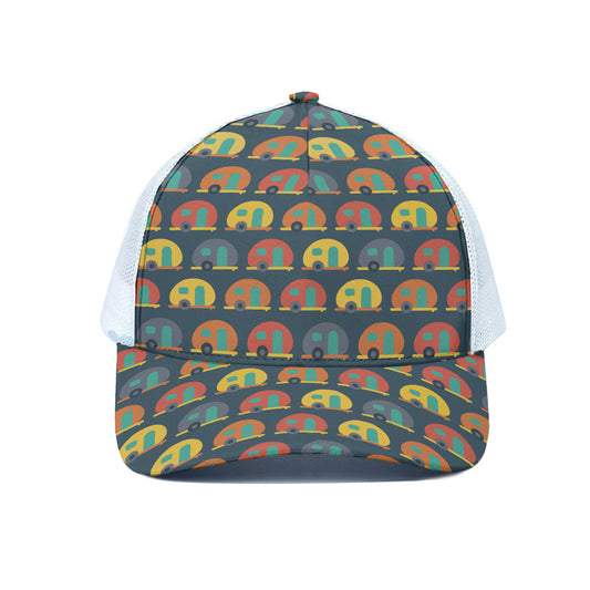 Camping Van Pattern Print White Mesh Trucker Cap