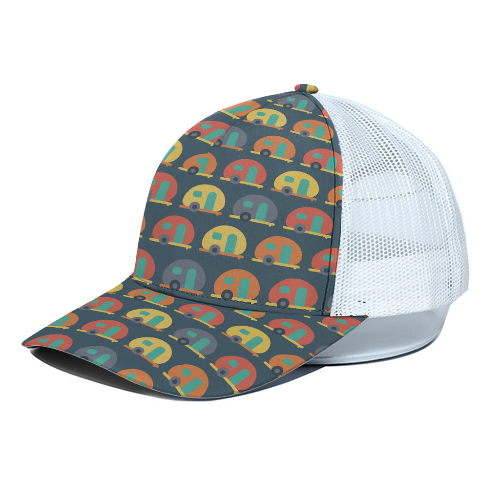 Camping Van Pattern Print White Mesh Trucker Cap