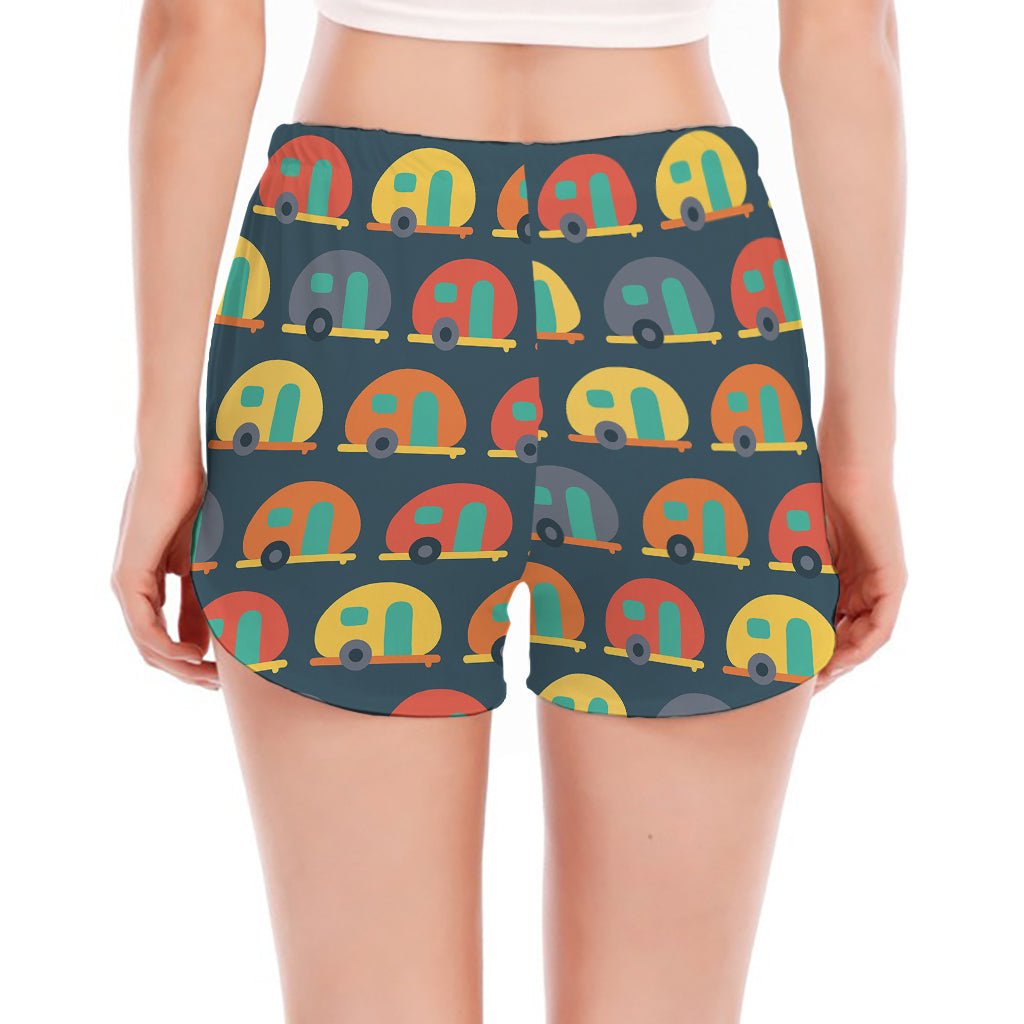 Camping Van Pattern Print Women's Split Running Shorts