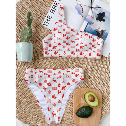 Canada Country Pattern Print One Shoulder Bikini Top