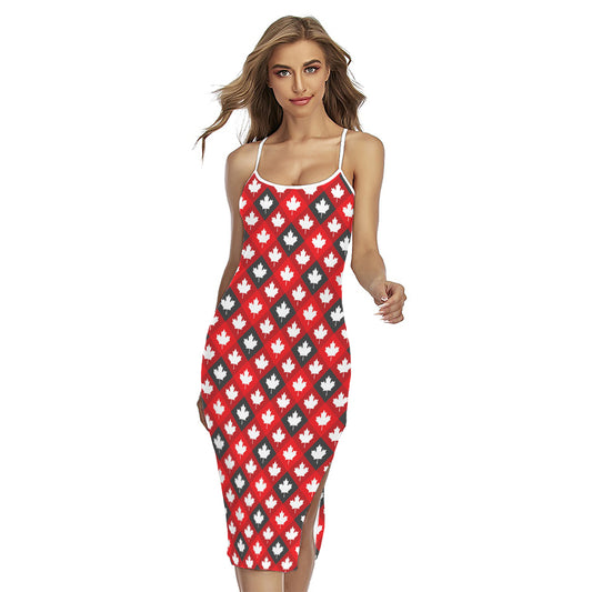 Canada Maple Leaf Pattern Print Cross Back Cami Dress