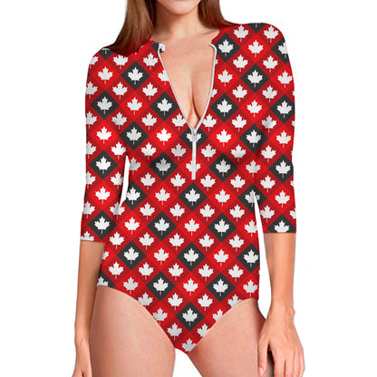Canada Maple Leaf Pattern Print Long Sleeve Swimsuit