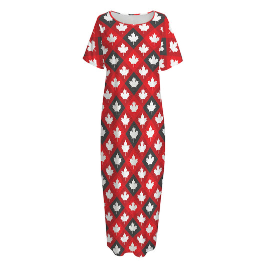 Canada Maple Leaf Pattern Print Short Sleeve Long Nightdress