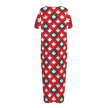 Canada Maple Leaf Pattern Print Short Sleeve Long Nightdress