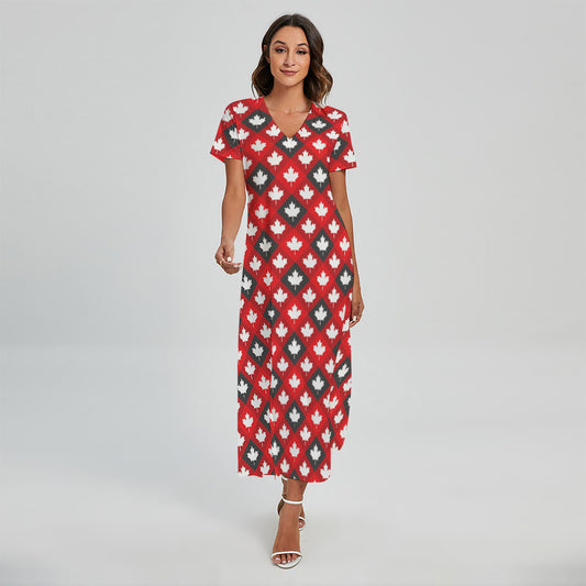 Canada Maple Leaf Pattern Print Short Sleeve Maxi Dress