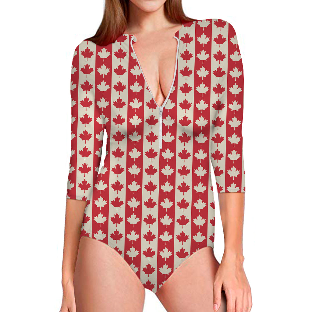 Canadian Maple Leaf Pattern Print Long Sleeve Swimsuit