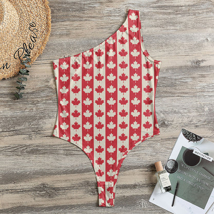 Canadian Maple Leaf Pattern Print One Shoulder Bodysuit