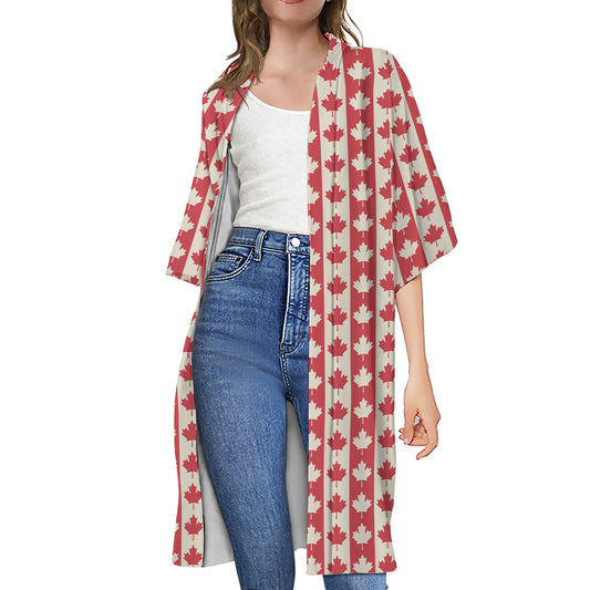 Canadian Maple Leaf Pattern Print Open Front Beach Cover Up