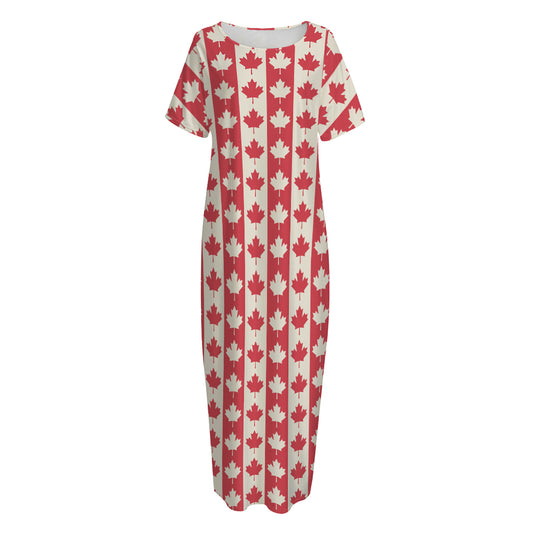 Canadian Maple Leaf Pattern Print Short Sleeve Long Nightdress