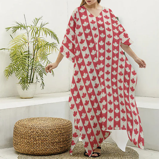 Canadian Maple Leaf Pattern Print Silk V-Neck Kaftan Dress