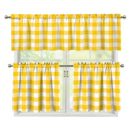 Canary Yellow And White Gingham Print 3 Piece Kitchen Curtains