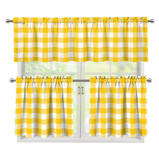 Canary Yellow And White Gingham Print 3 Piece Kitchen Curtains
