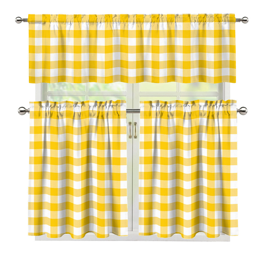 Canary Yellow And White Gingham Print 3 Piece Kitchen Curtains