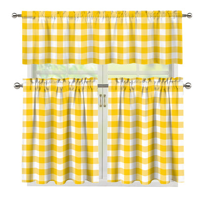 Canary Yellow And White Gingham Print 3 Piece Kitchen Curtains