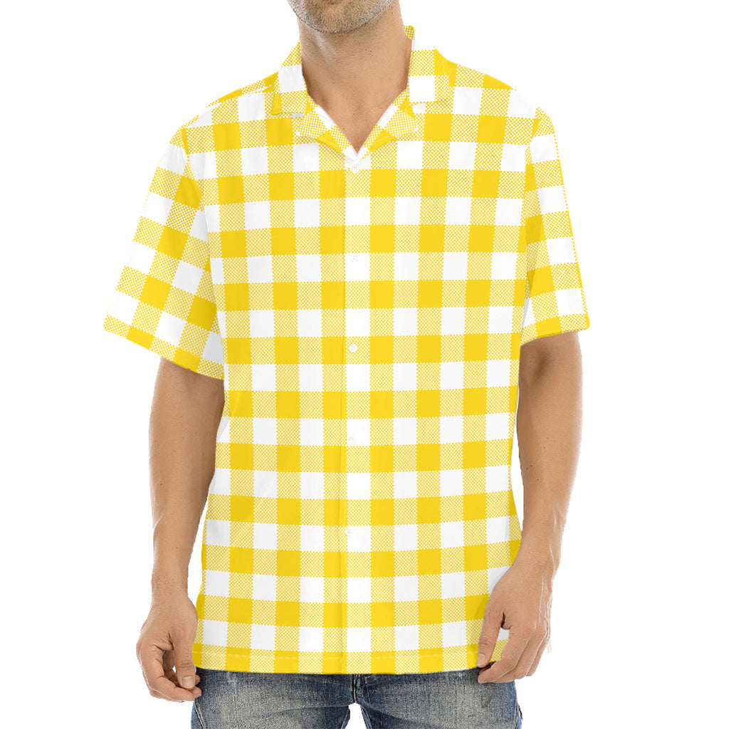 Canary Yellow And White Gingham Print Aloha Shirt