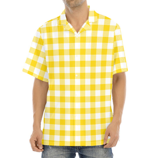 Canary Yellow And White Gingham Print Aloha Shirt