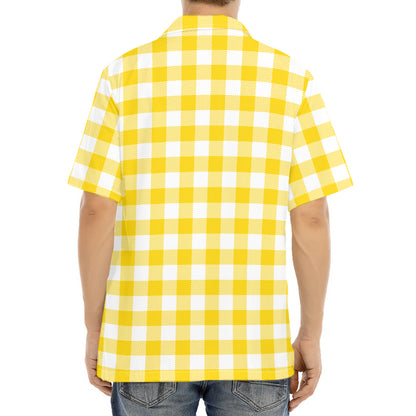Canary Yellow And White Gingham Print Aloha Shirt