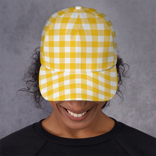 Canary Yellow And White Gingham Print Baseball Cap